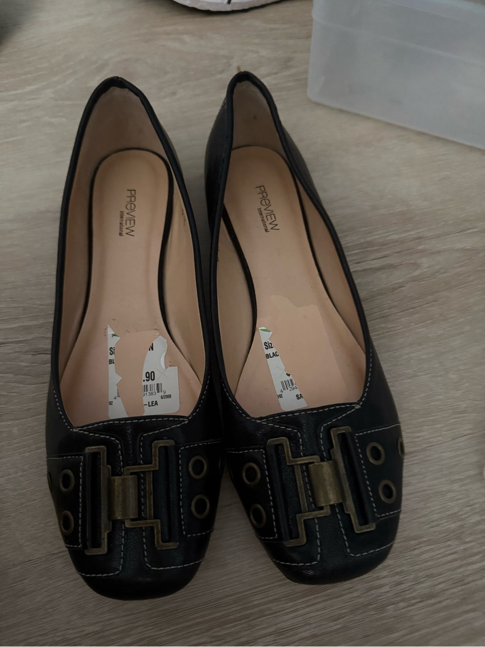 Preview International Black Leather Ballet Flats with Brass Hardware